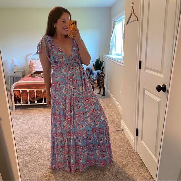 NWT Banjanan Carnation Floral Full Bloom Blue Pink Maxi Dress XS - Picture 3 of 16